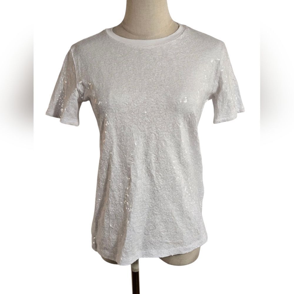 DKNY White Full Sequin Lace Stretch Tee Shirt Top NWT